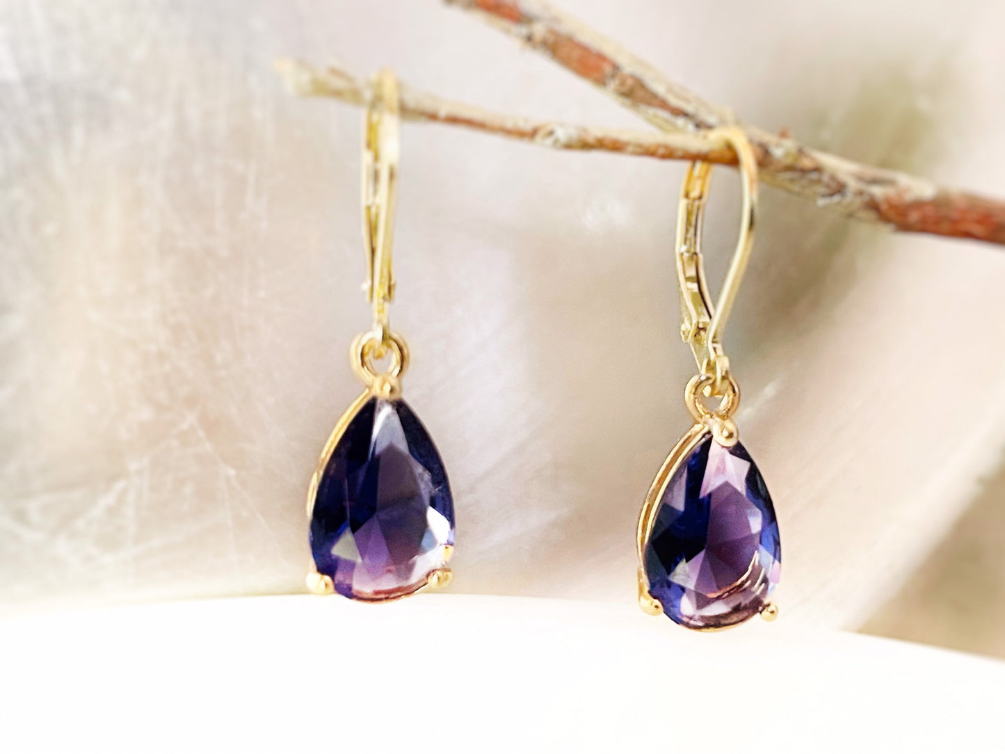 Teardrop amethyst dangle earrings gold, dark purple gemstone drop earrings, gift for her, gift for mom, February birthstone