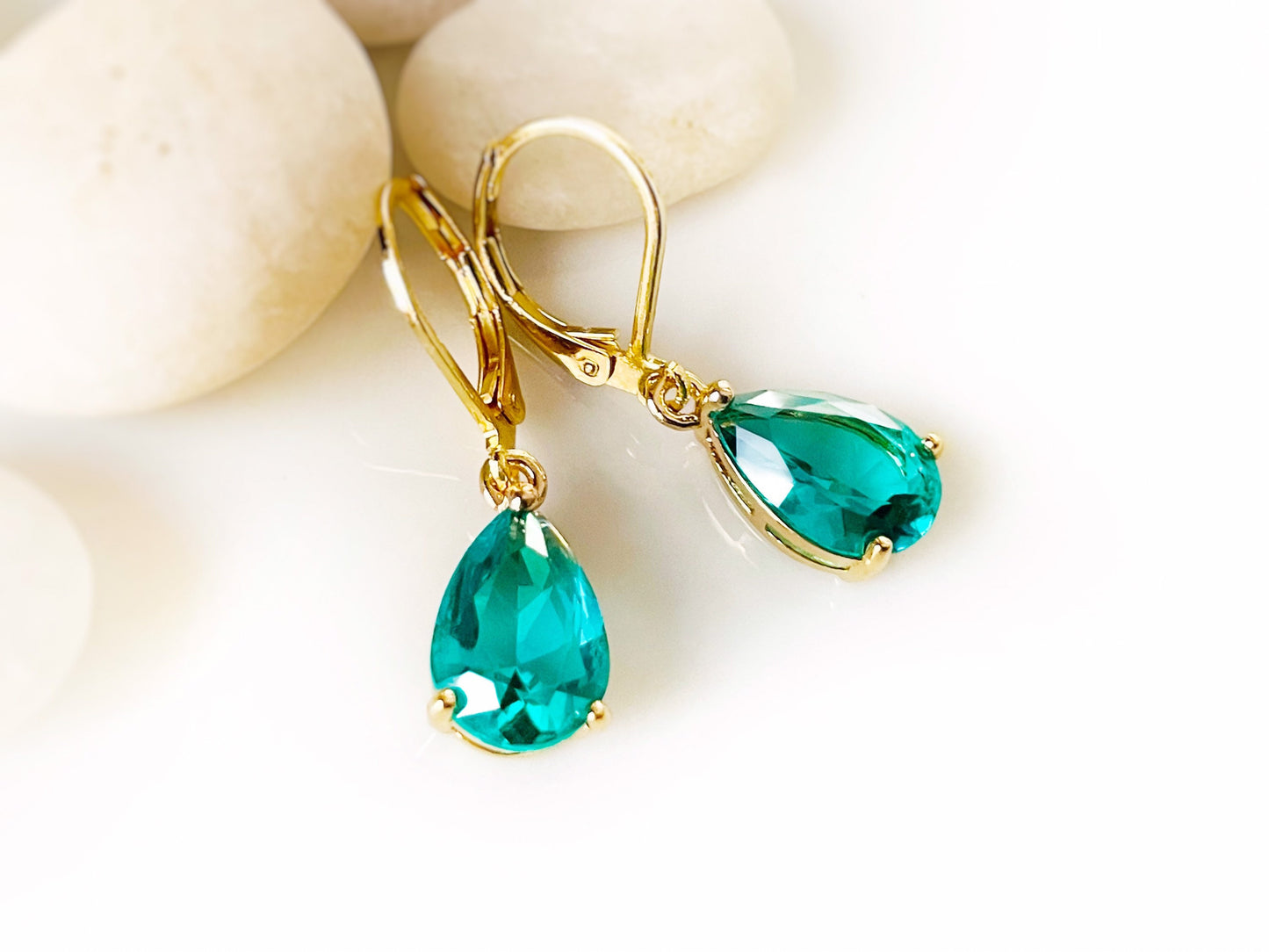 Teardrop green tourmaline dangle earrings gold, teal green gemstone drop earrings, gift for her, gift for mom, May birthstone