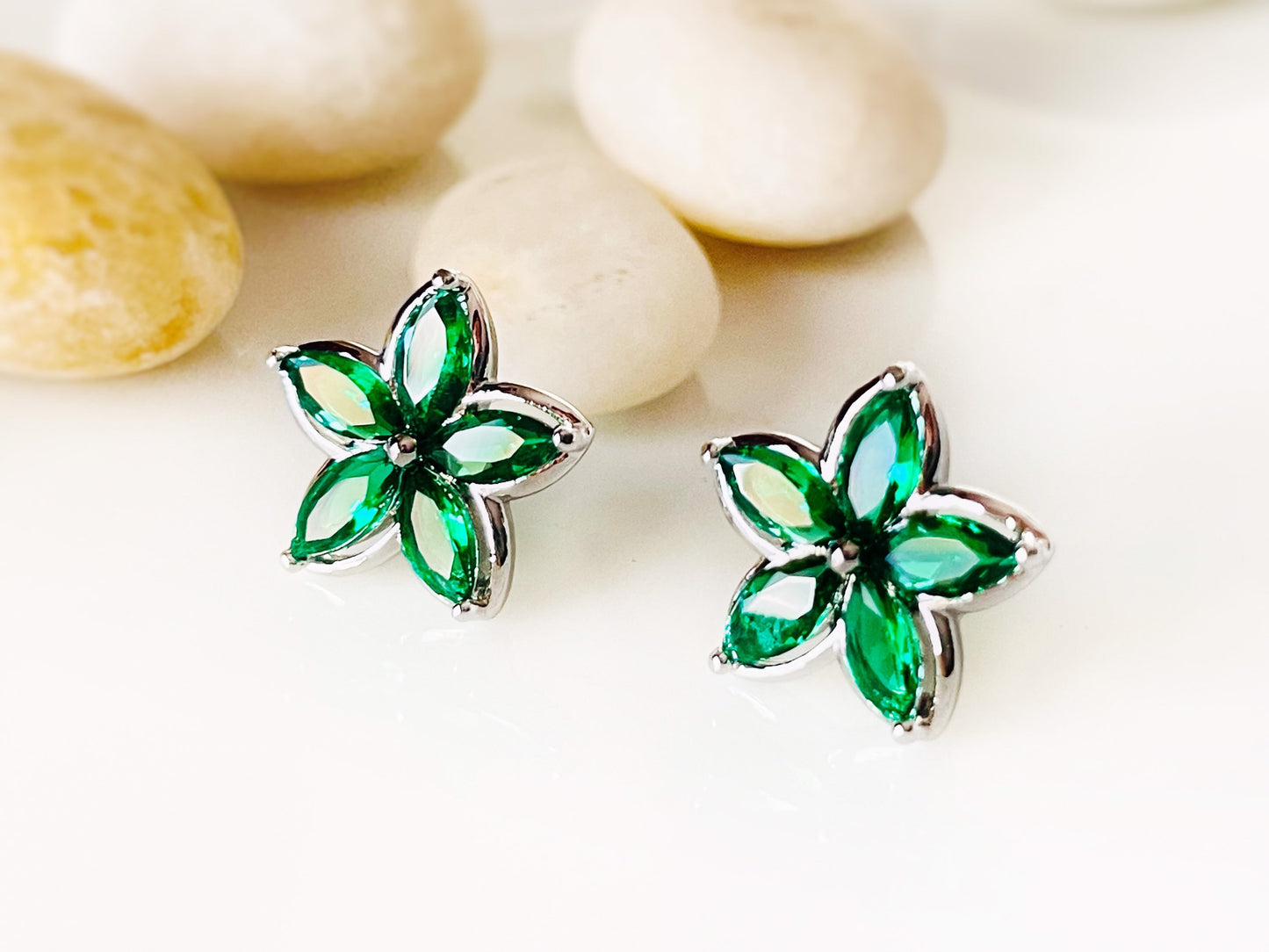 Emerald green flower stud earrings white gold, green gemstone flower earrings, gift for her, gift for daughter, May birthstone