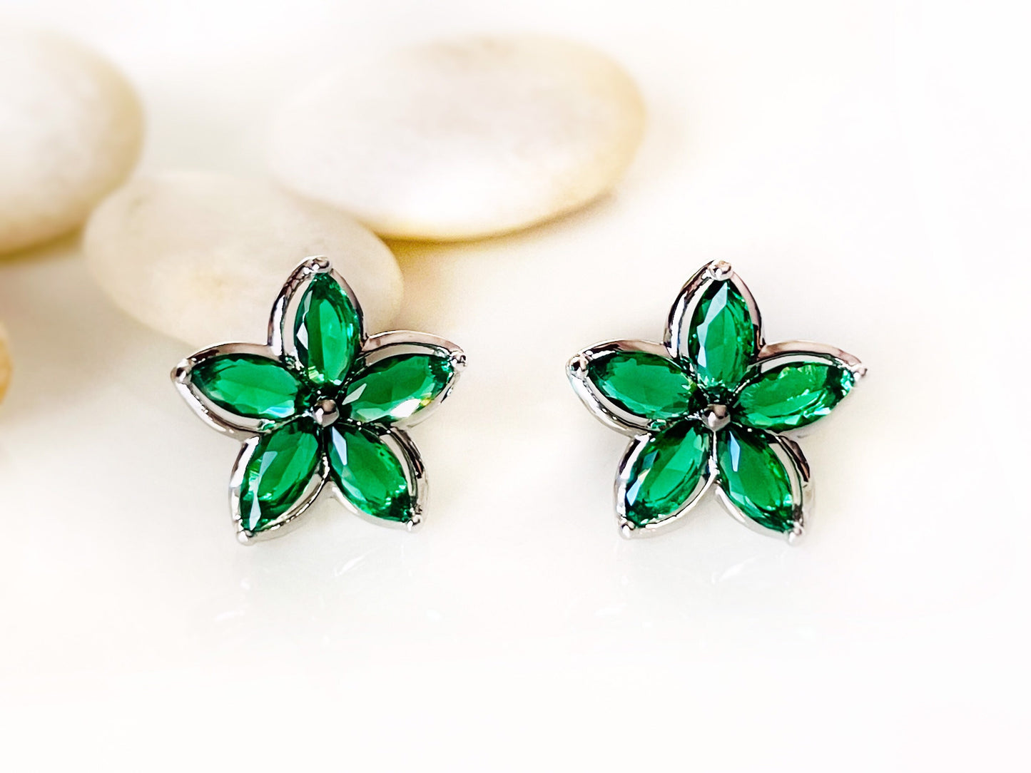 Emerald green flower stud earrings white gold, green gemstone flower earrings, gift for her, gift for daughter, May birthstone