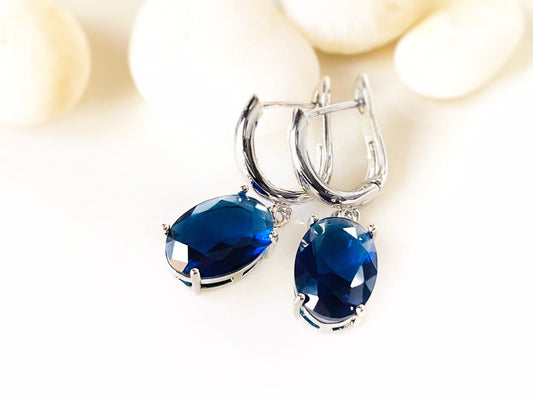 Large cushion cut sapphire dangle, navy blue gemstone drop earrings, gift for her, bridal earrings, September birthday