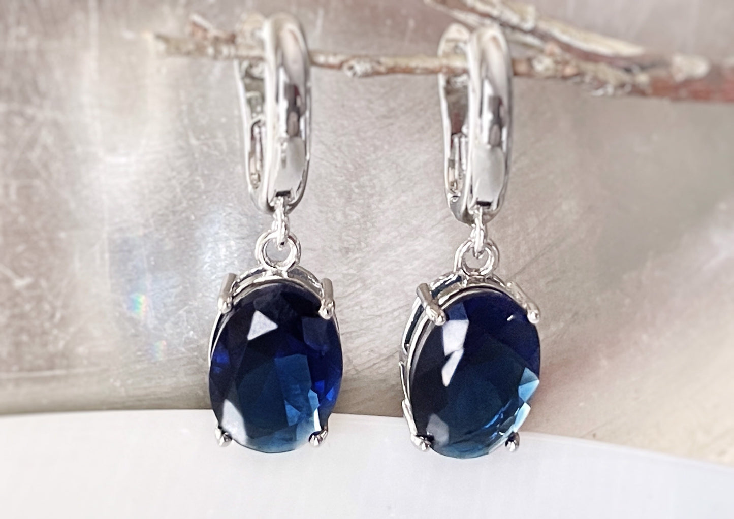 Large cushion cut sapphire dangle, navy blue gemstone drop earrings, gift for her, bridal earrings, September birthday