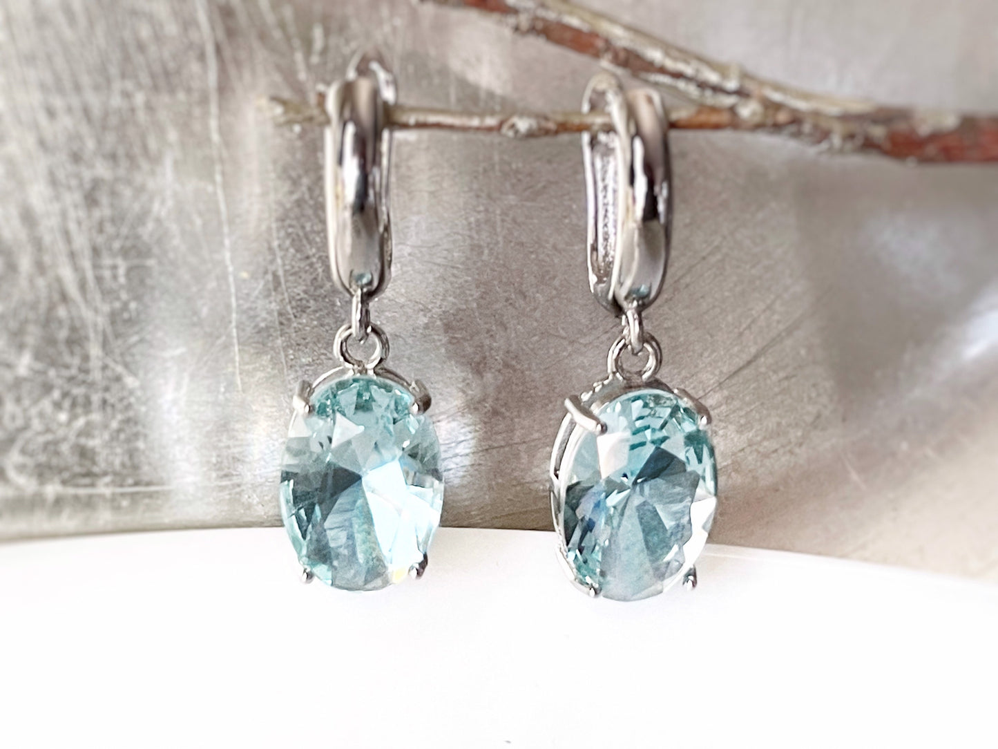 Large cushion cut aquamarine dangle, light blue gemstone drop earrings, gift for her, gift for mom, bridal earrings, March birthstone