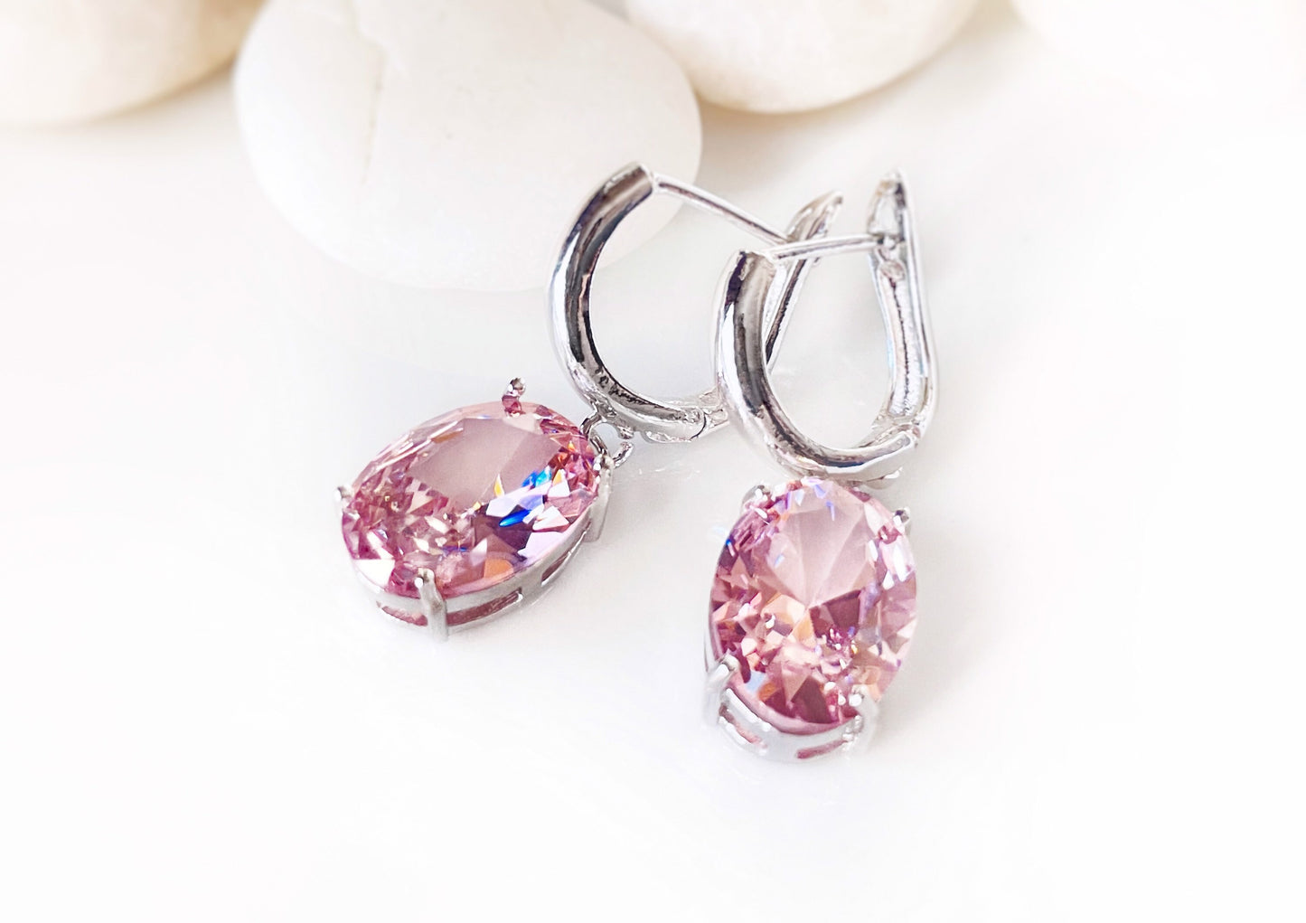 Large cushion cut pink sapphire dangle, pink gemstone drop earrings, gift for her, bridal earrings, October birthday