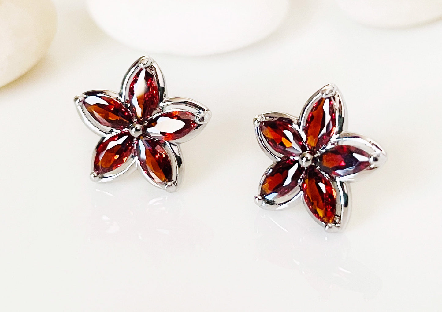 Garnet flower stud earrings, red flower dangle gemstone earrings, gift for her, gift for daughter, January birthstone