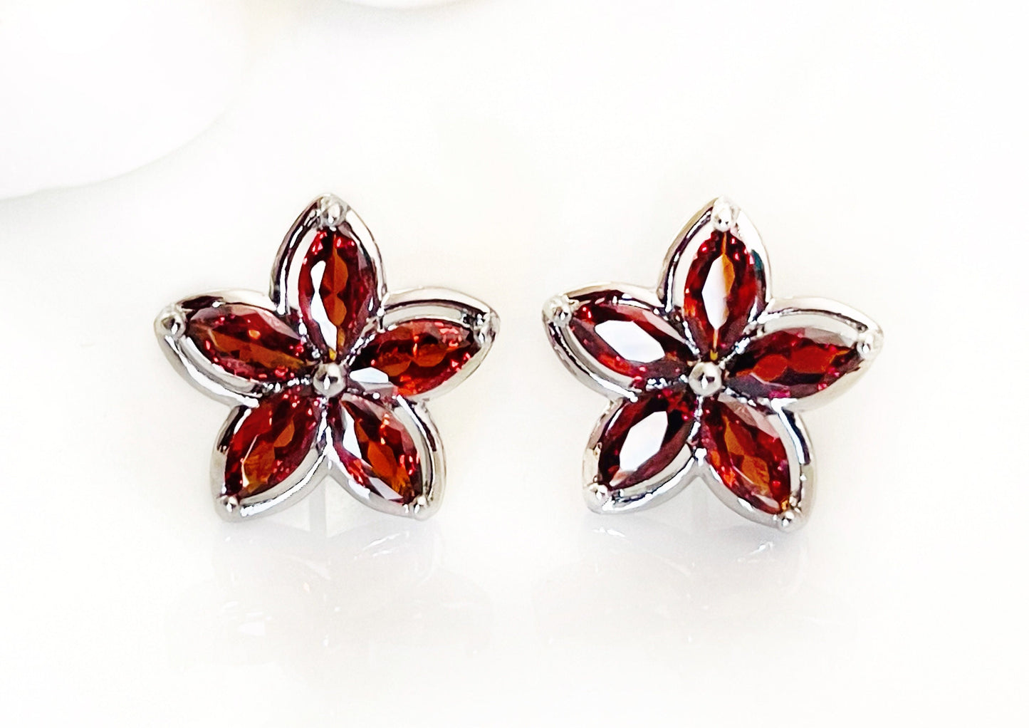 Garnet flower stud earrings, red flower dangle gemstone earrings, gift for her, gift for daughter, January birthstone