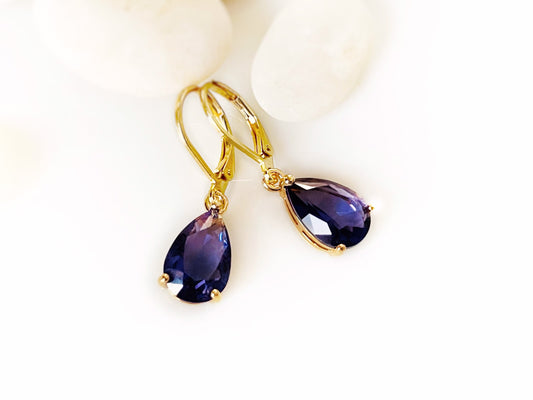 Teardrop amethyst dangle earrings gold, dark purple gemstone drop earrings, gift for her, gift for mom, February birthstone