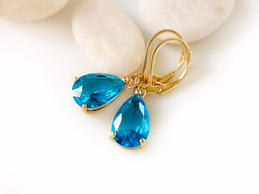 Teardrop blue topaz dangle earrings gold, blue gemstone drop earrings, gift for her, gift for mom, December birthstone