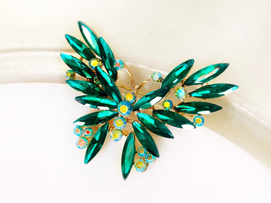 Emerald green butterfly fancy crystal brooch pin, large green crystal brooch, statement brooch, gift for her, gift for mom