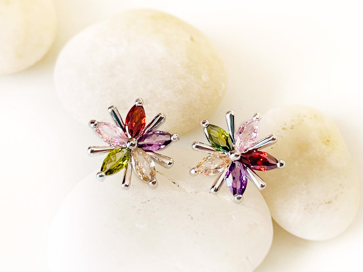 Rainbow flower stud earring in 18K white gold, small multicolored gemstone flower stud earring, gift for mom, gift for her