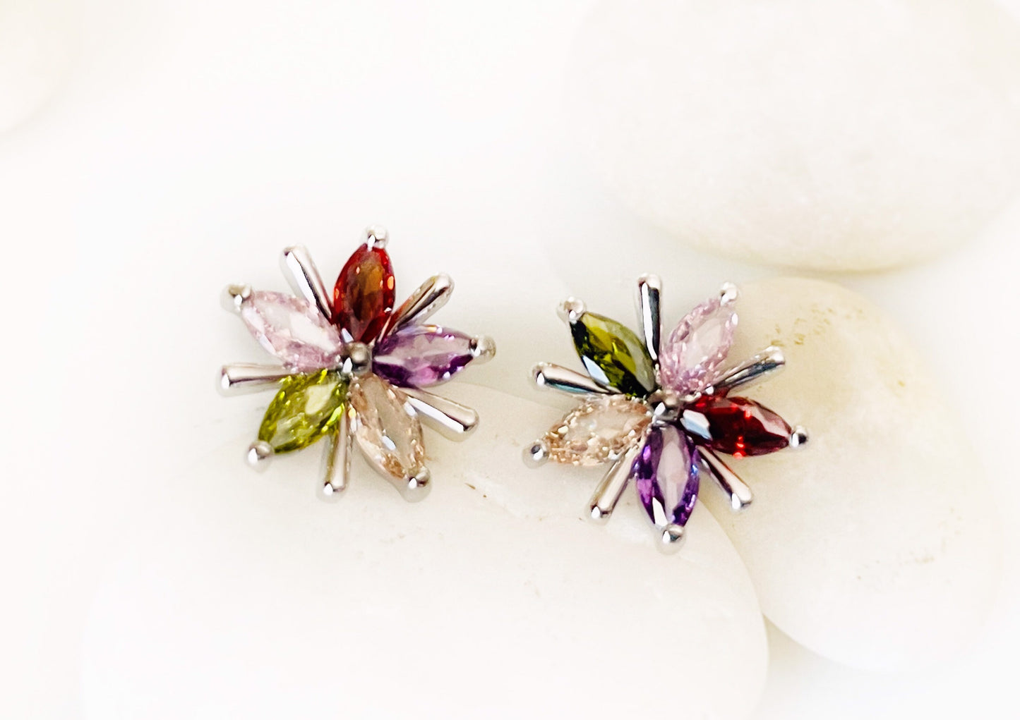 Rainbow flower stud earring in 18K white gold, small multicolored gemstone flower stud earring, gift for mom, gift for her