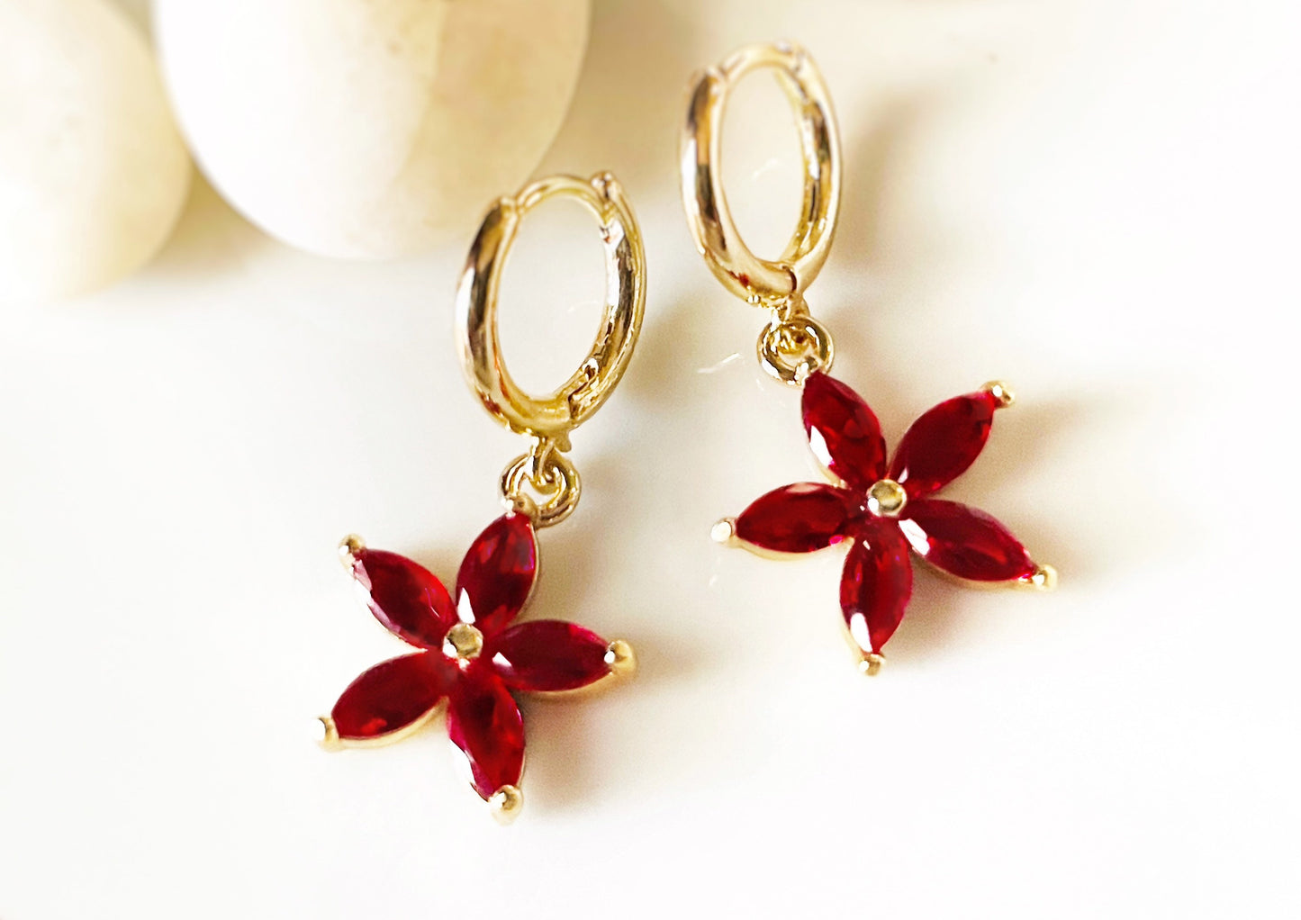 Ruby flower dangle earrings in 14k gold, red flower drop earrings, July birthstone earrings, gift for mom, gift for her