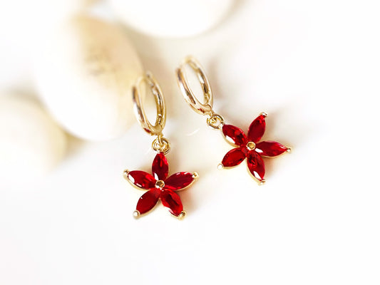 Ruby flower dangle earrings in 14k gold, red flower drop earrings, July birthstone earrings, gift for mom, gift for her