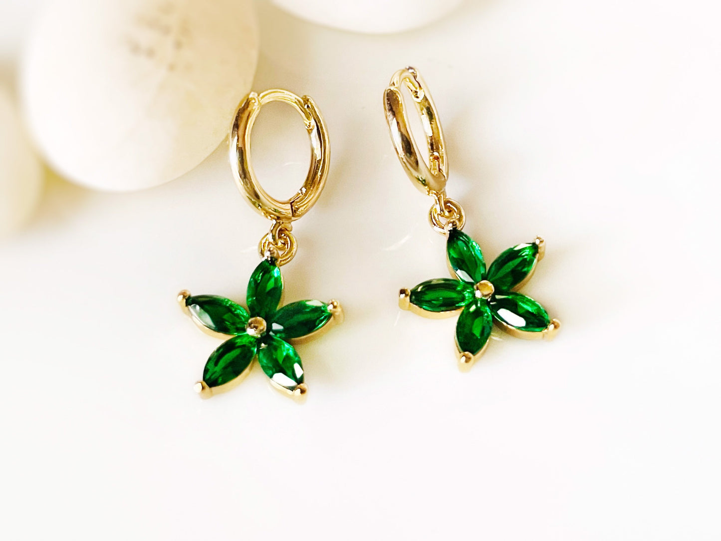 Emerald flower dangle earrings in 14k gold, green flower drop earrings, May birthstone earrings, gift for mom, gift for her