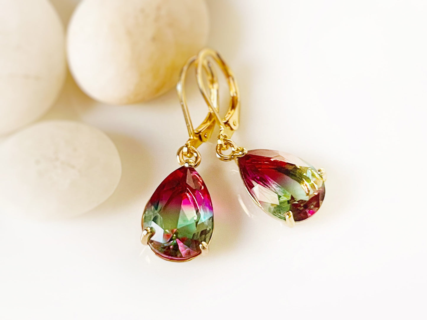 Bicolor tourmaline dangle earrings, bicolor blue red crystal earrings, gift for her, gift for mom