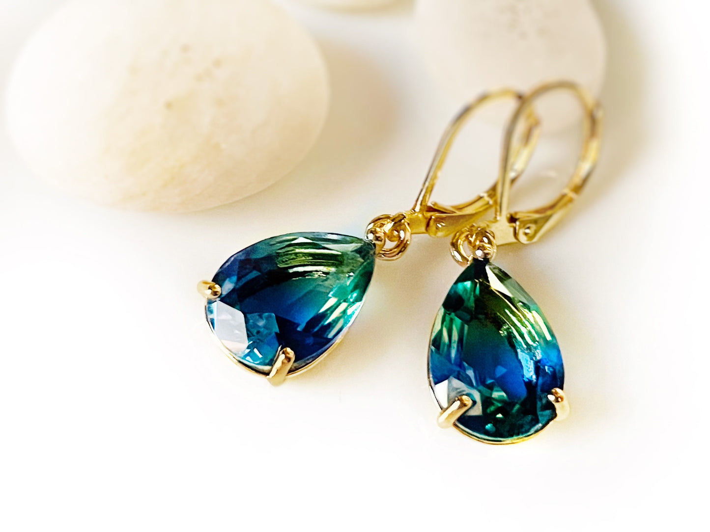 Bicolor green tourmaline dangle earrings, blue green teardrop earrings, gift for her, gift for mom