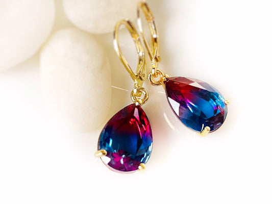 Bicolor tourmaline dangle earrings, bicolor blue red crystal earrings, gift for her, gift for mom