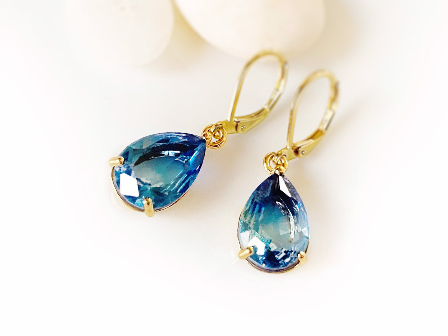 Bicolor Sapphire dangle earrings, blue green teardrop earrings, gift for her, gift for mom