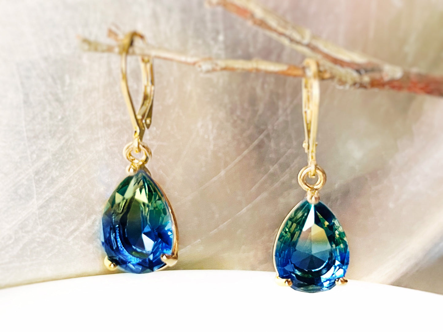 Bicolor green tourmaline dangle earrings, blue green teardrop earrings, gift for her, gift for mom