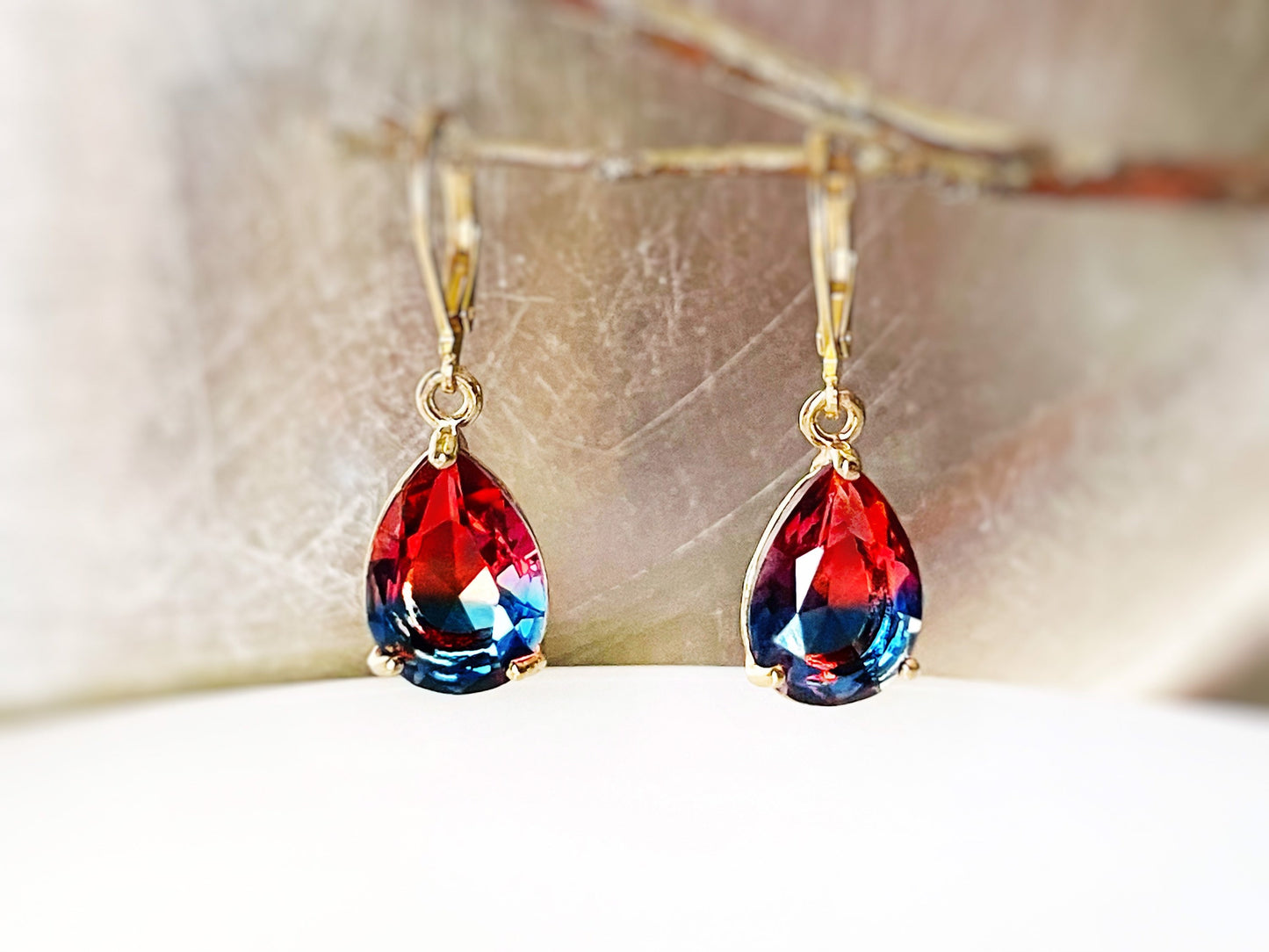 Bicolor tourmaline dangle earrings, bicolor red blue crystal earrings, gift for her, gift for mom