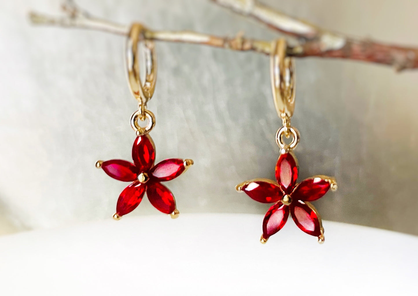 Garnet flower dangle earrings in 14k gold, red flower drop earrings, January birthstone earrings, gift for mom, gift for her