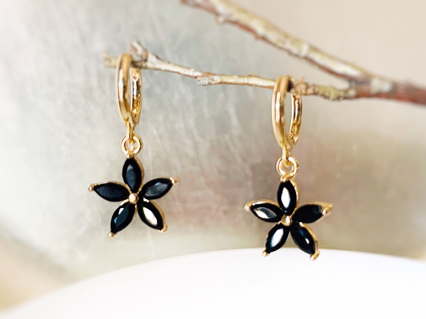 White sapphire flower dangle earrings in 14k gold, white flower drop earrings, gift for mom, gift for her, April birthstone