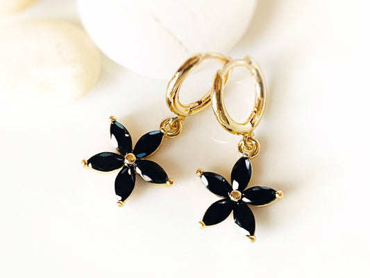 Onyx flower dangle earrings in 14k gold, black flower drop earrings, gift for mom, gift for her