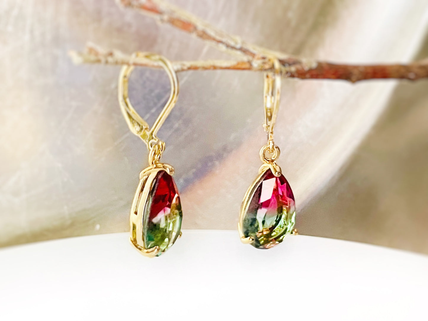 Bicolor tourmaline dangle earrings, bicolor red blue crystal earrings, gift for her, gift for mom