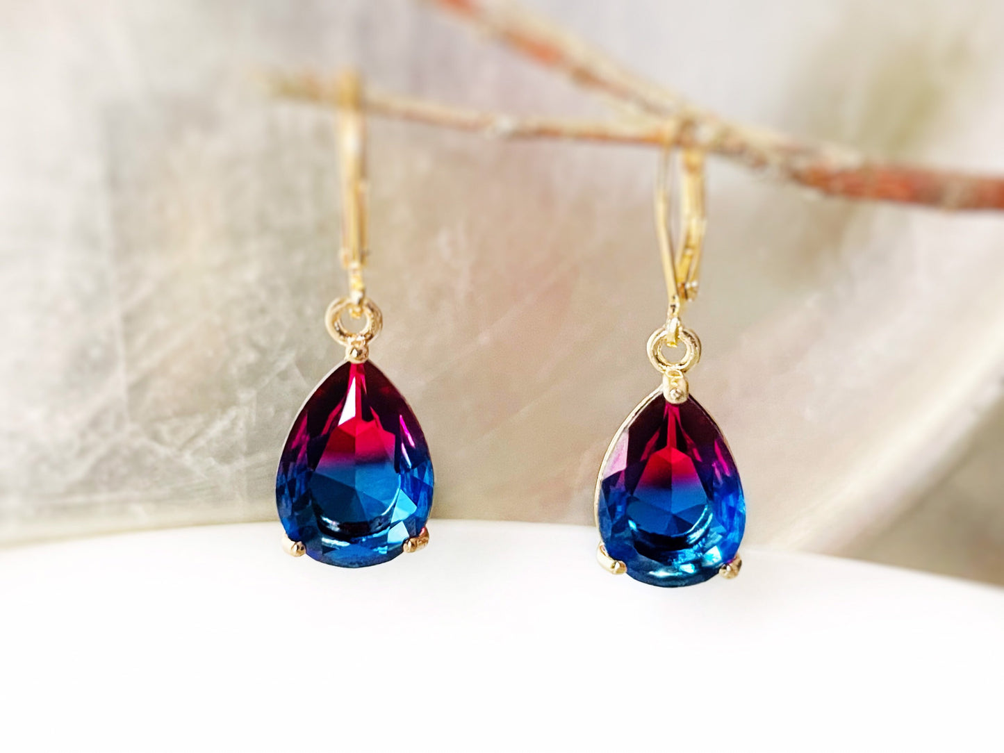 Bicolor tourmaline dangle earrings, bicolor blue red crystal earrings, gift for her, gift for mom