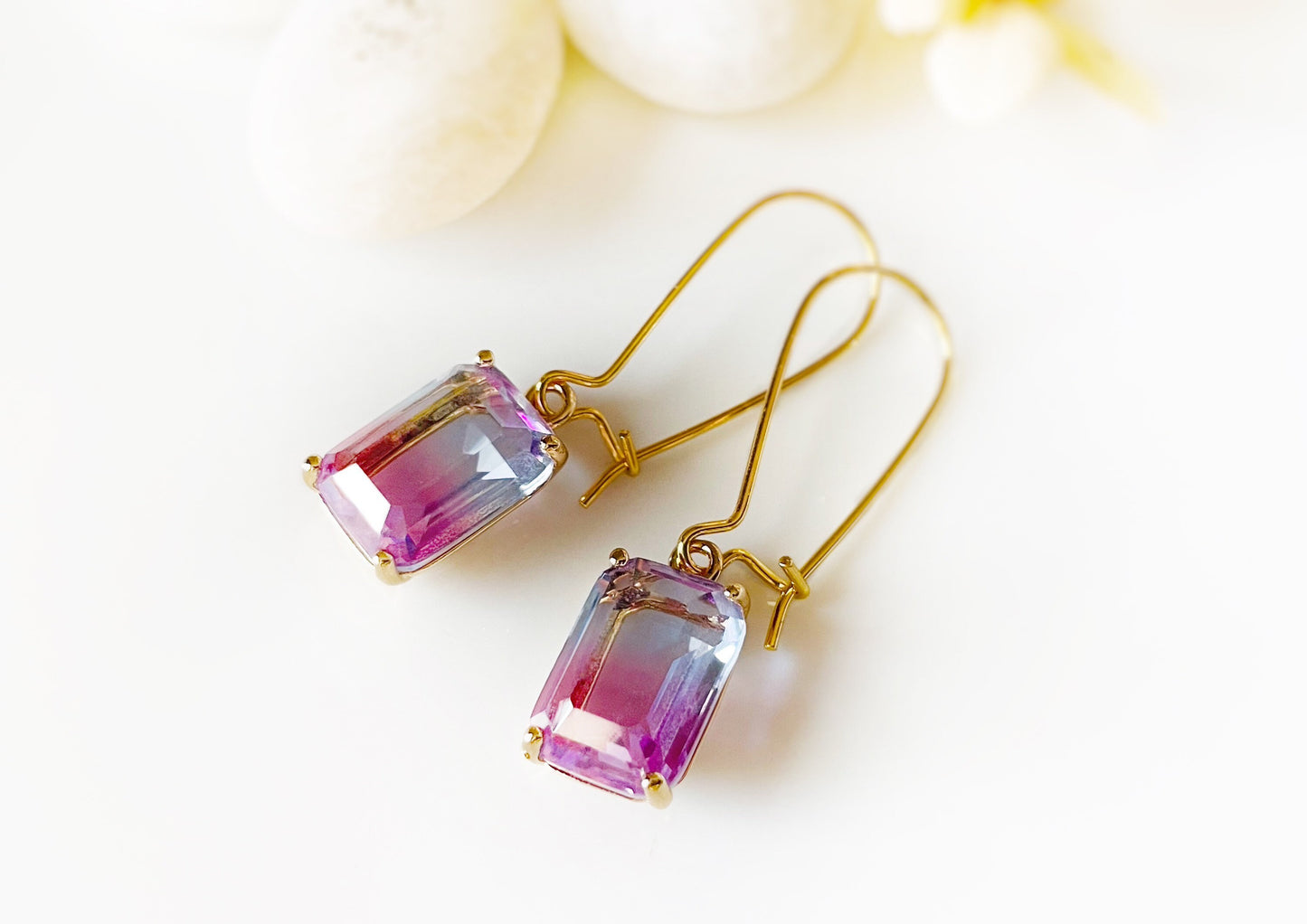 Bicolor amethyst emerald cut dangle earrings, purple blue crystal earrings, gift for her, gift for mom