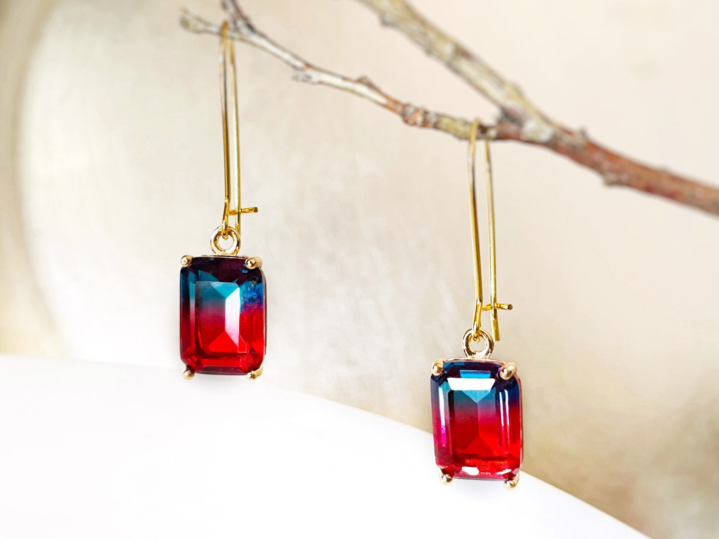 Bicolor red navy tourmaline emerald cut dangle earrings gold , red blue crystal drop earrings, gift for her, gift for mom