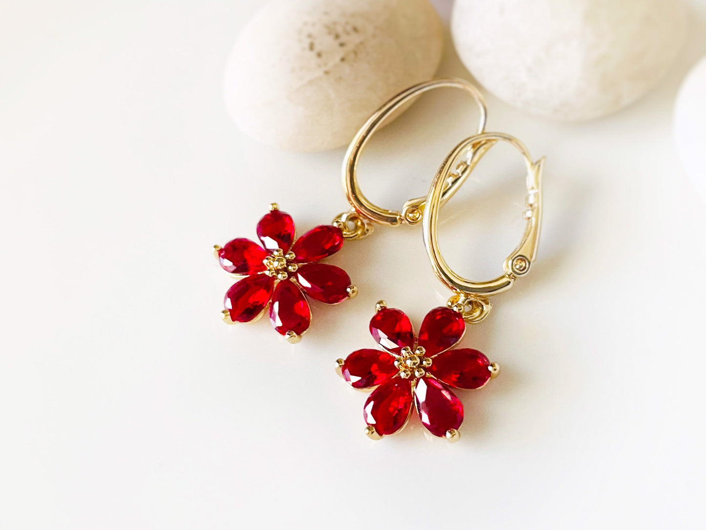 Ruby flower dangle earrings in 14k gold, red flower gold drop earrings, July birthstone earrings, gift for mom, gift for her