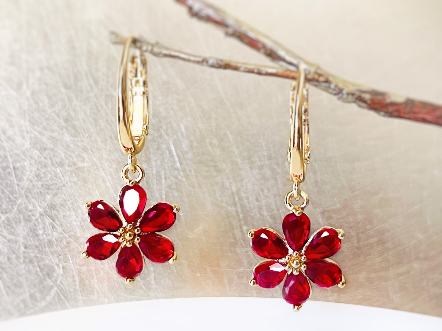 Ruby flower dangle earrings in 14k gold, red flower gold drop earrings, July birthstone earrings, gift for mom, gift for her