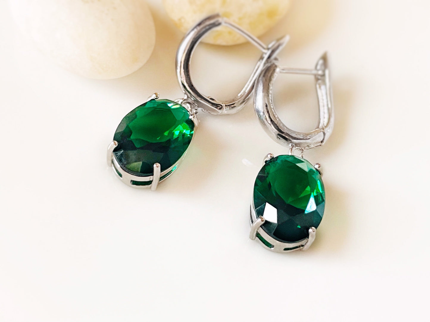 Large cushion cut emerald dangle earrings, gift for her, gift for mom, dark green gemstone bridal earrings, May birthstone