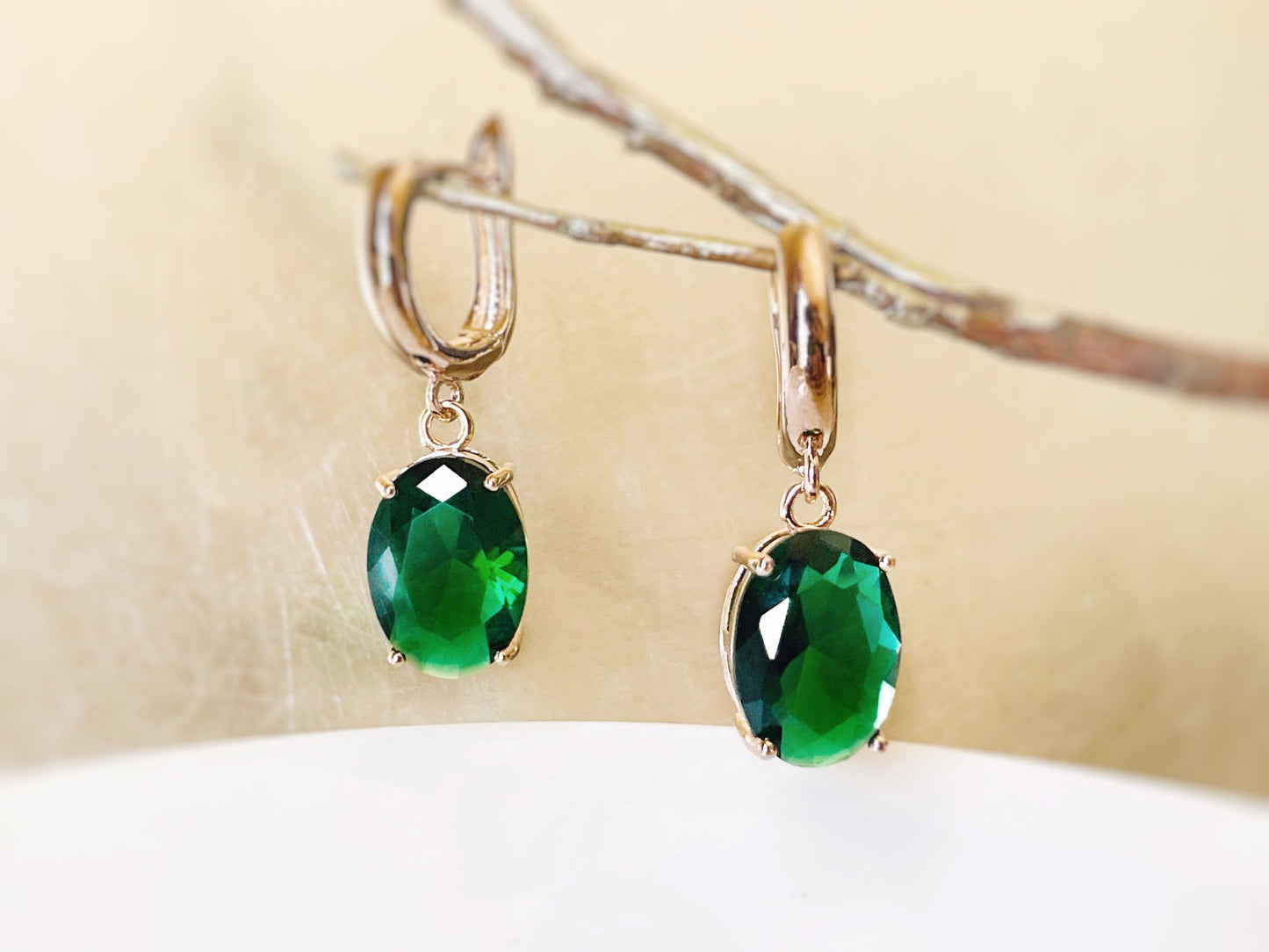 Large cushion cut emerald dangle earrings, gift for her, gift for mom, dark green gemstone bridal earrings, May birthstone