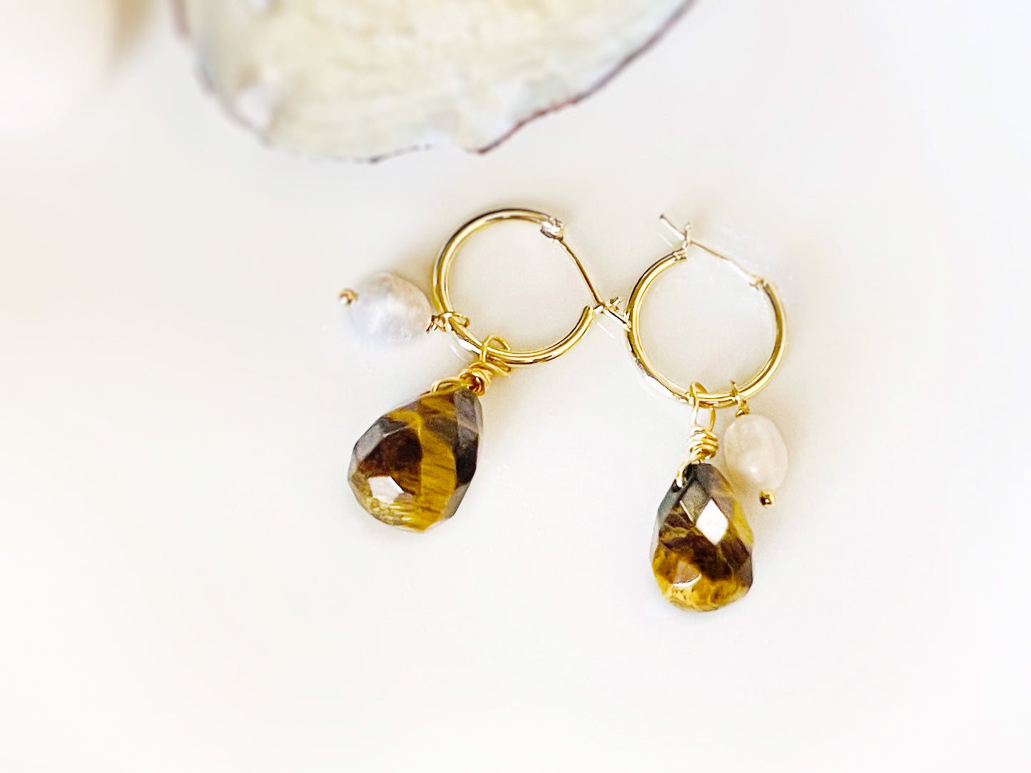 Natural tiger eye teardrop pearl dangle earrings gold, brown yellow genuine gemstone pearl earrings, gift for her, gift for mom