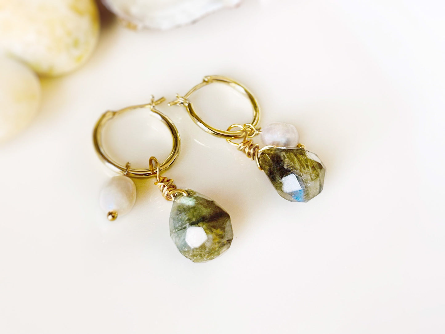 Natural labradorite pearl dangle earrings gold, natural teardrop olive green gemstone pearl earrings, gift for mom, gift for her