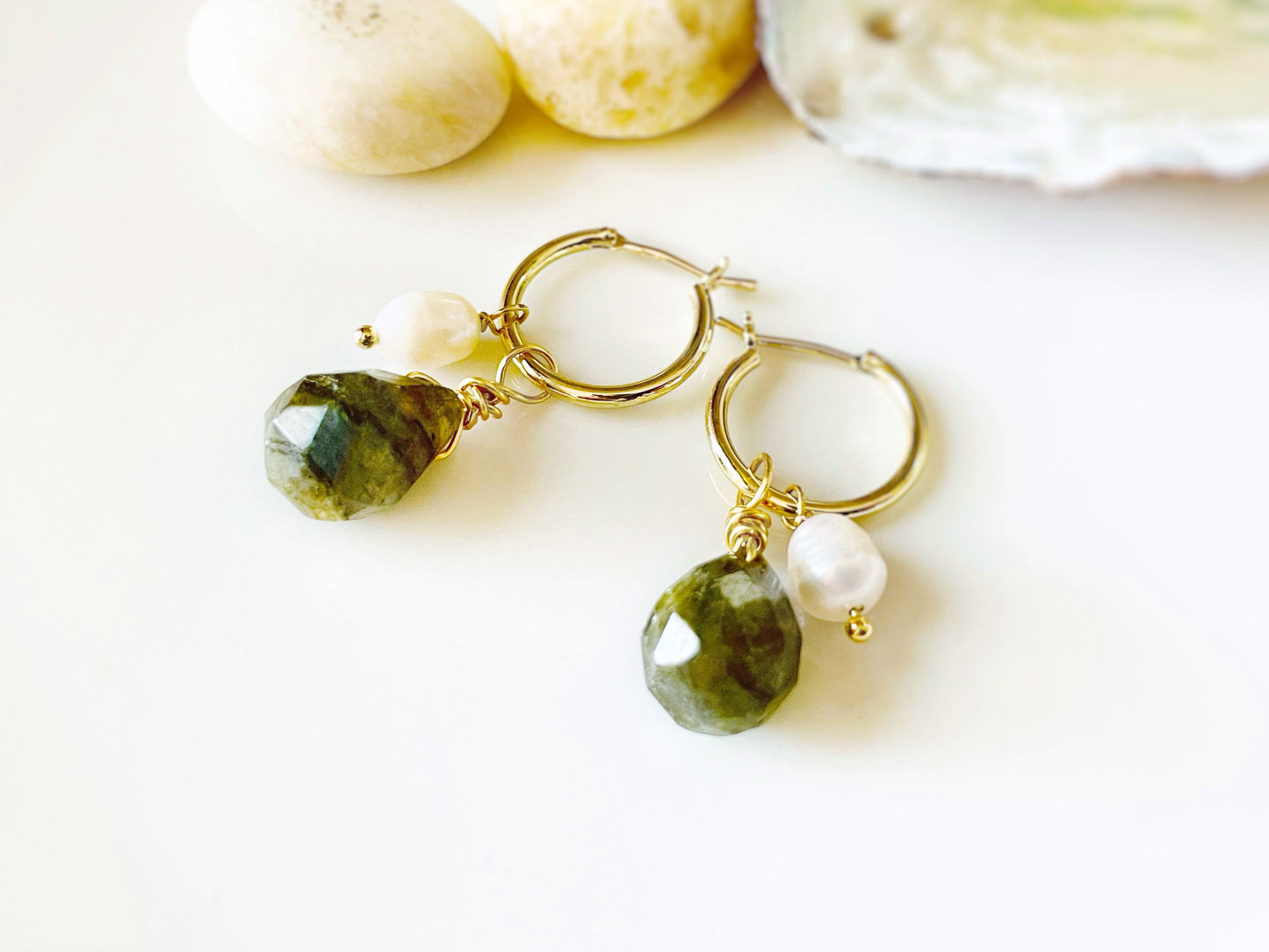 Natural labradorite pearl dangle earrings gold, natural teardrop olive green gemstone pearl earrings, gift for mom, gift for her