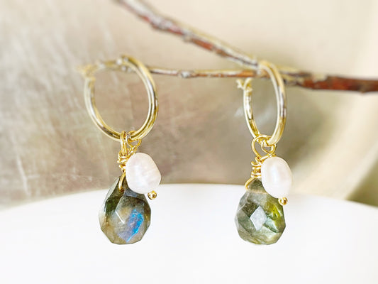 Natural labradorite pearl dangle earrings gold, natural teardrop olive green gemstone pearl earrings, gift for mom, gift for her