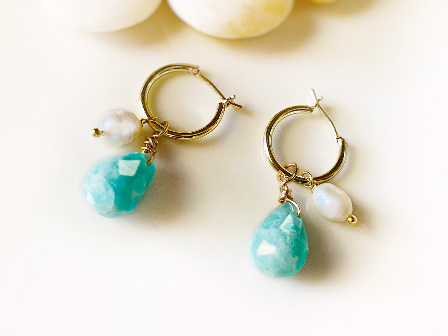 Natural amazonite teardrop pearl dangle earrings gold, blue green teal gemstone drop earrings, gift for mom, gift for her