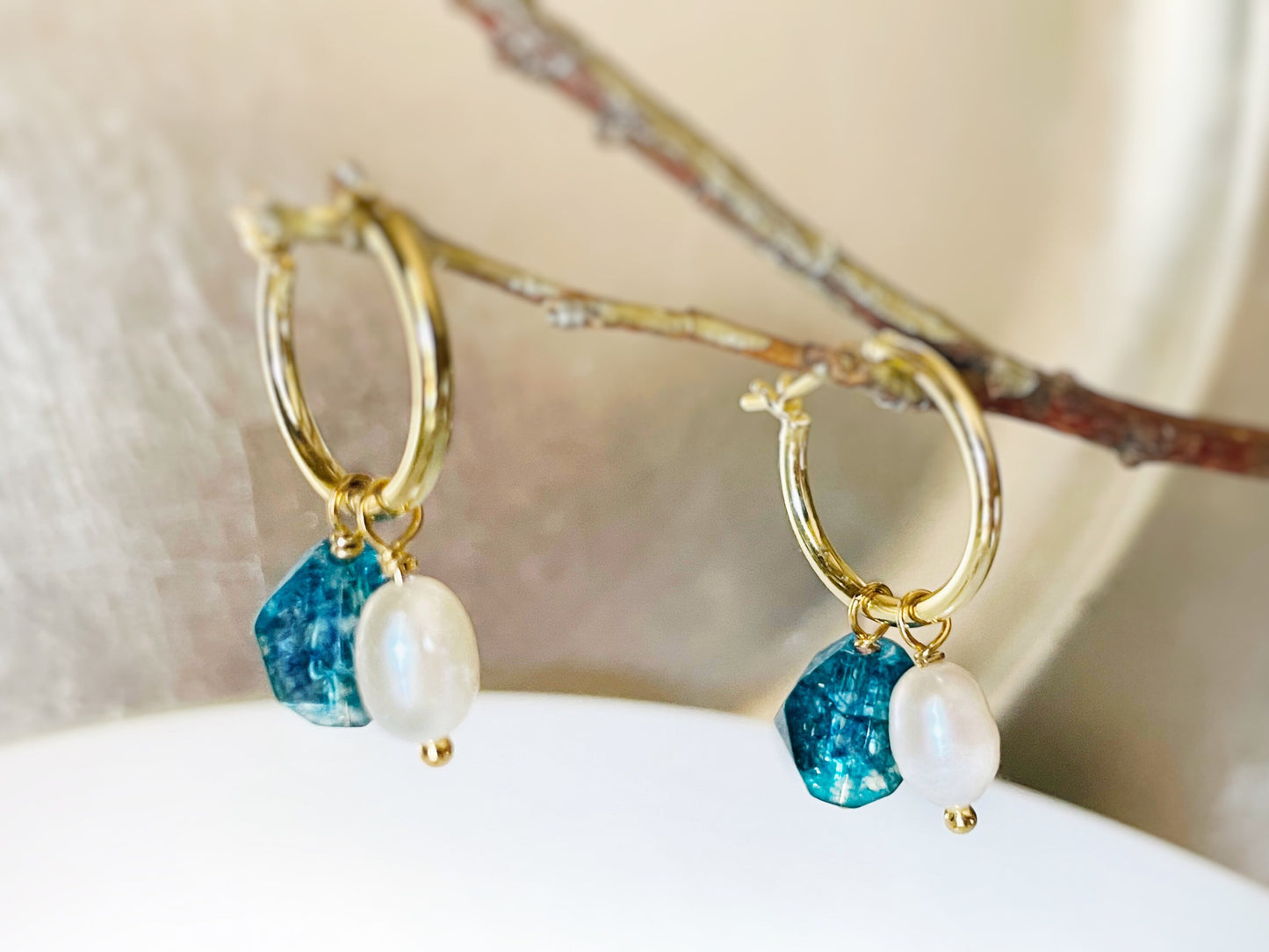 London blue topaz pearl gold hoop earrings, handmade natural dark blue gemstone earrings, gift for her, gift for mom, December birthstone