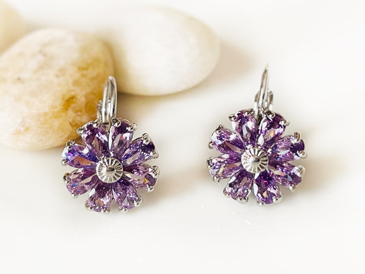 Amethyst flower dangle earrings, purple gemstone daisy flower earrings, February birthstone earrings, gift for mom, gift for her