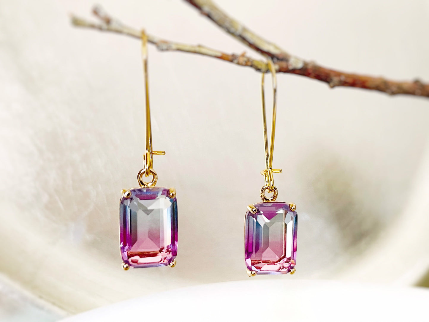 Bicolor amethyst emerald cut dangle earrings, purple blue crystal earrings, gift for her, gift for mom