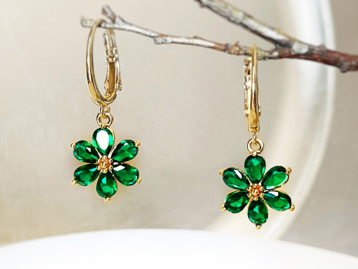 Emerald flower dangle earrings in 14k gold, green flower gold drop earrings, May birthstone earrings, gift for mom, gift for her