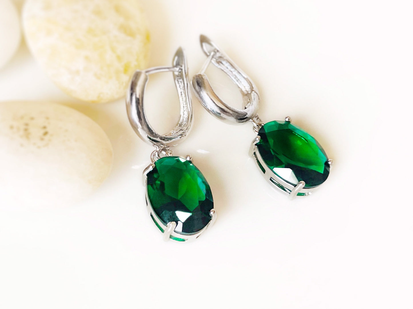 Large cushion cut emerald dangle earrings, gift for her, gift for mom, dark green gemstone bridal earrings, May birthstone