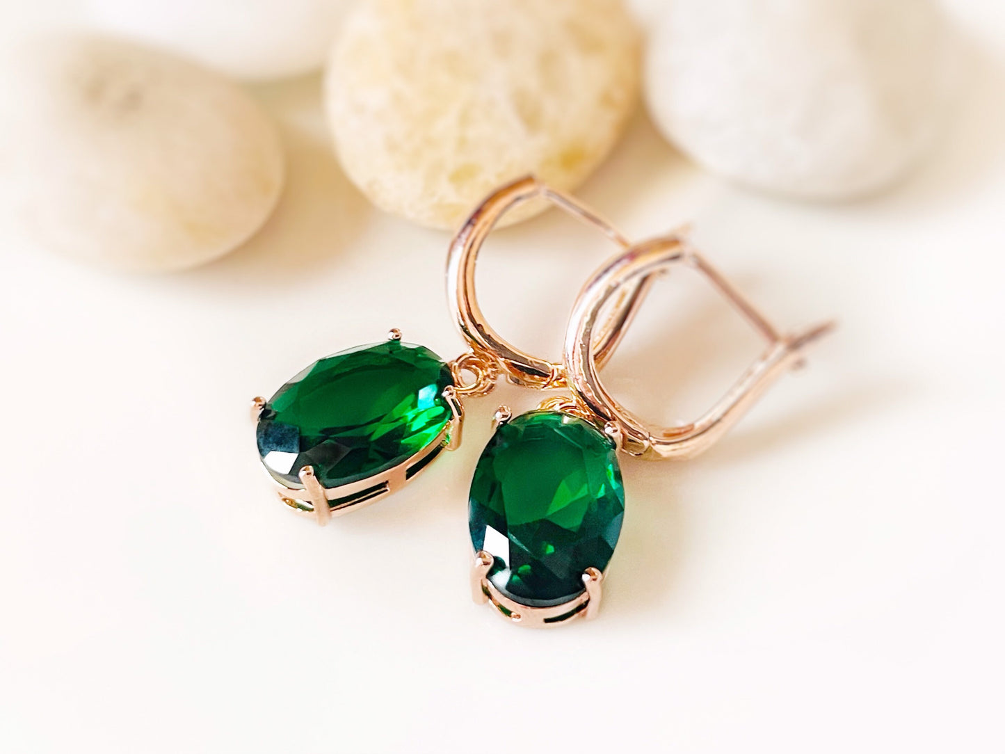 Large cushion cut emerald dangle earrings, gift for her, gift for mom, dark green gemstone bridal earrings, May birthstone