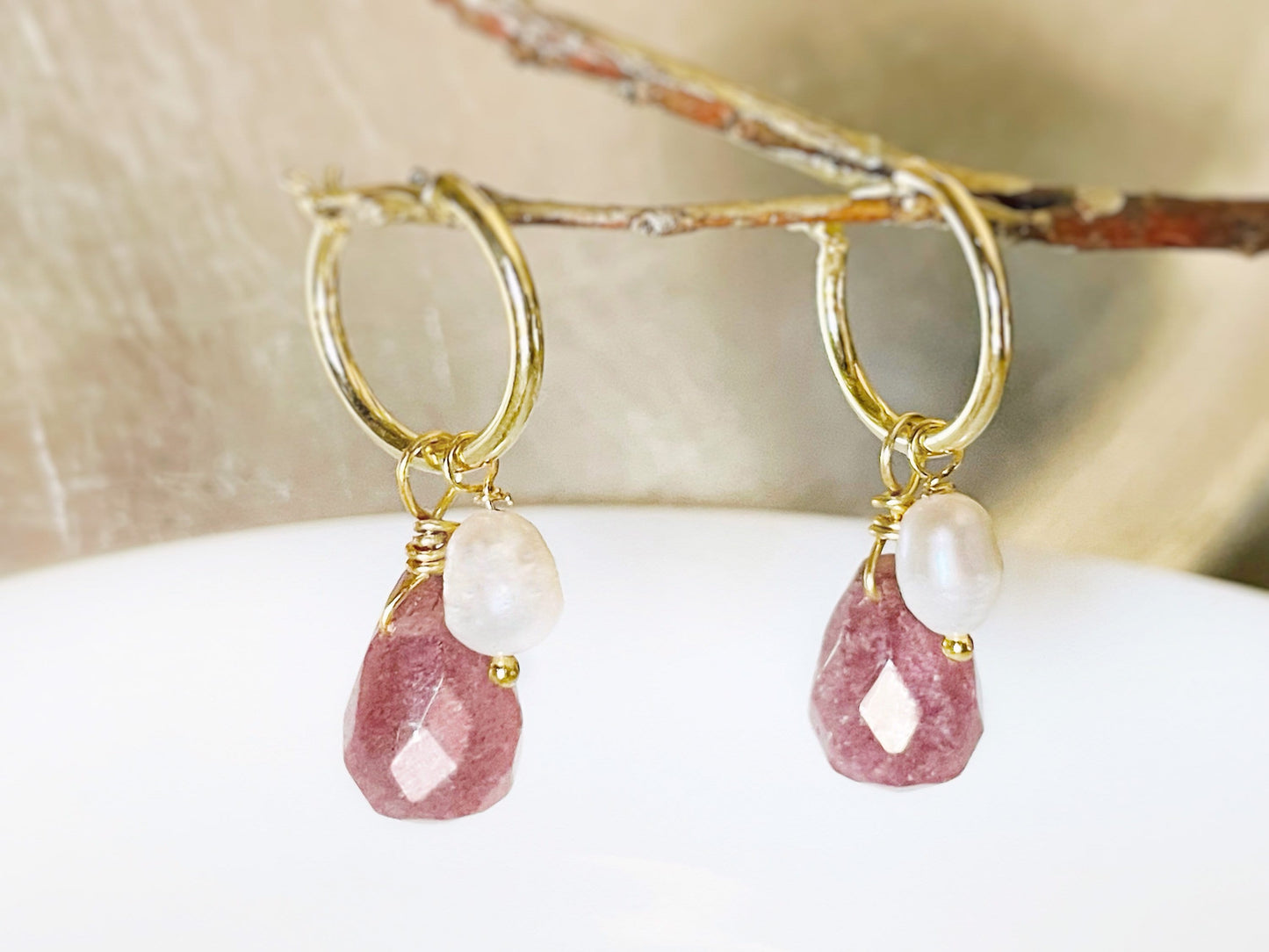 Strawberry quartz pearl gold hoop earrings, natural pink quartz gemstone pearl earrings, October birthstone, gift for her, gift for mom