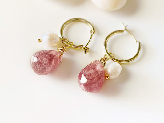 Strawberry quartz pearl gold hoop earrings, natural pink quartz gemstone pearl earrings, October birthstone, gift for her, gift for mom