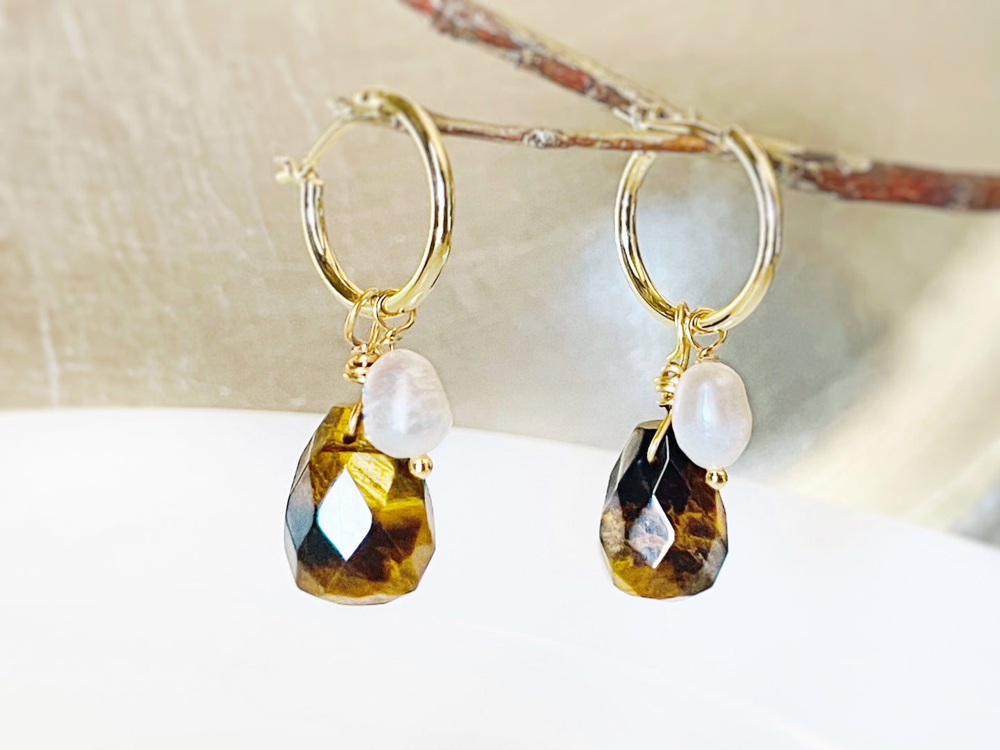 Natural tiger eye teardrop pearl dangle earrings gold, brown yellow genuine gemstone pearl earrings, gift for her, gift for mom