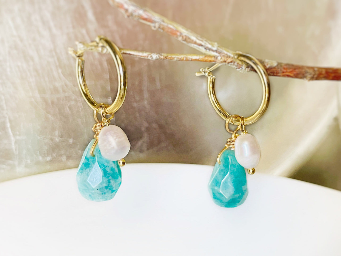 Natural amazonite teardrop pearl dangle earrings gold, blue green teal gemstone drop earrings, gift for mom, gift for her